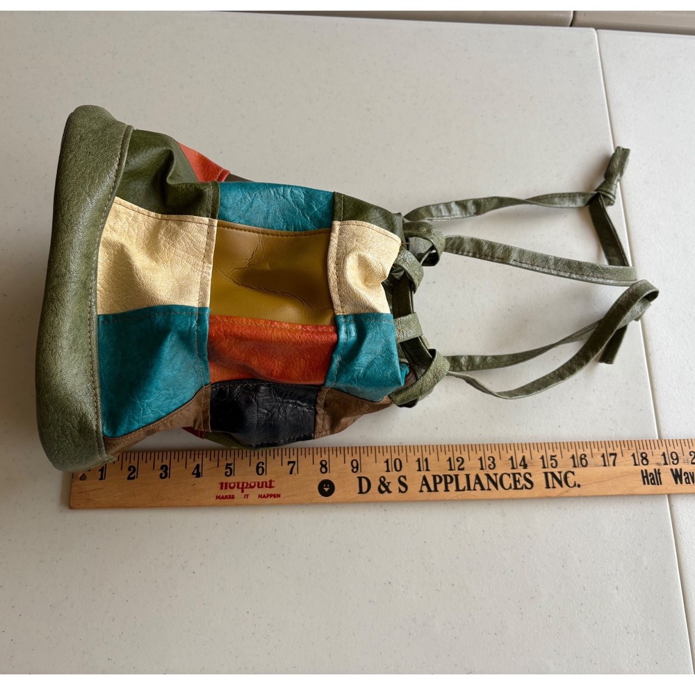 Vintage Patchwork Leather Bucket Bag Drawstring Boho Tote Small - Picture 3 of 6
